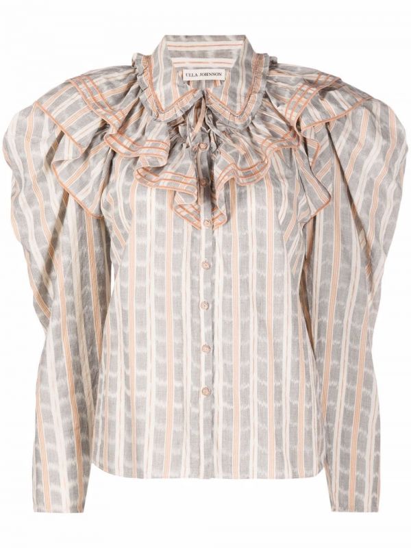  Ulla Johnson Ruffled-neck Check Pattern Blouse - Neutrals 