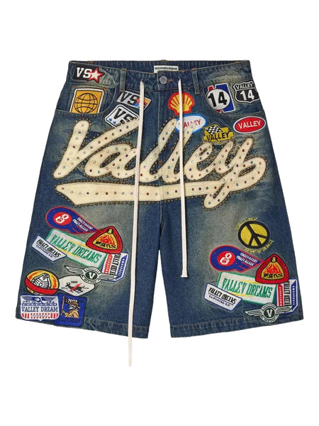  Vale 1980s Patch Denim Shorts - Blue 