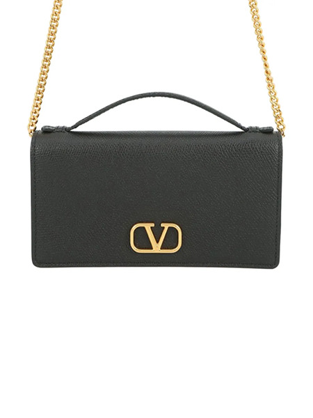  Valentino Garavani Pre-owned 2021-2026 Grainy Calfskin Vlogo Signature Wallet With Chain Satchel - Black 
