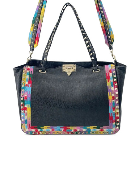  Valentino Garavani Pre-owned 2000-2017 Medium Grainy Calfskin Embroidered Rockstud Trapeze Satchel - Black 