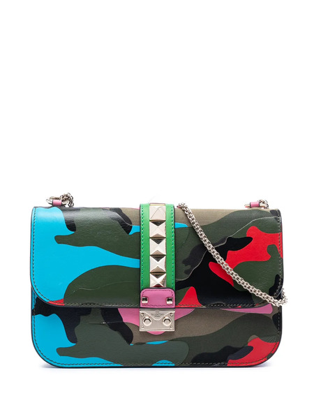  Valentino Garavani Pre-owned 2010-2025 Medium Nappa And Canvas Camouflage Rockstud Glam Lock Crossbody Bag - Green 
