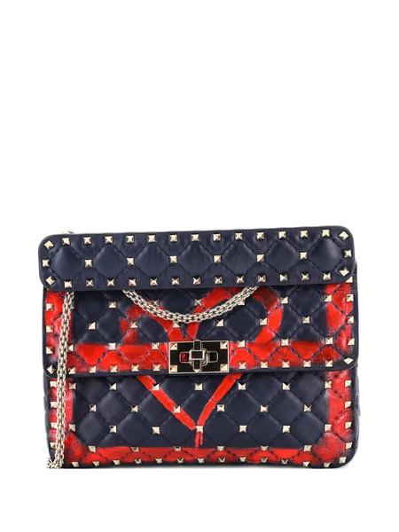 Valentino Garavani Pre-owned Rockstud Spike Flap Bag Quilted Printed Leather Medium Crossbody Bag - Blue 
