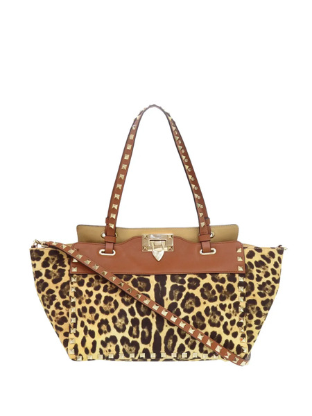  Valentino Garavani Pre-owned 2018-2025 Small Leopard Printed Canvas Rockstud Trapeze Satchel - Brown 