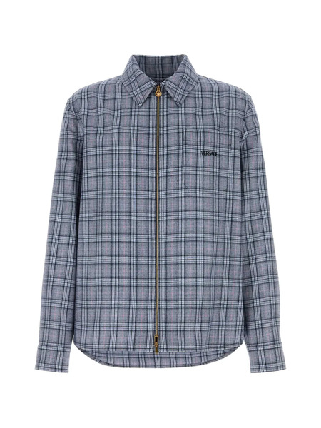  Versace Embroidered-logo Checked Wool Shirt - Grey 