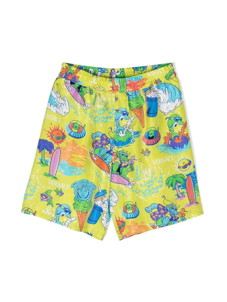  Versace Kids Logo-print Silk Shorts - Yellow 