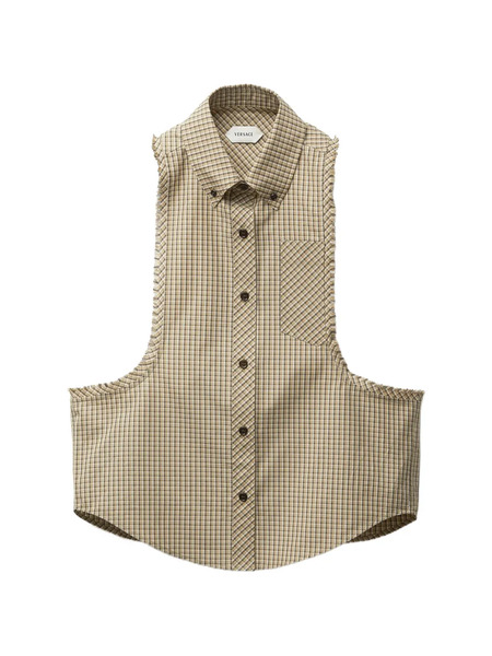  Versace Micro Check Cotton Poplin Sleeveless Shirt - Neutrals 