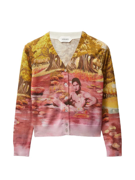  Versace Printed Silk Knit Cardigan - Yellow 