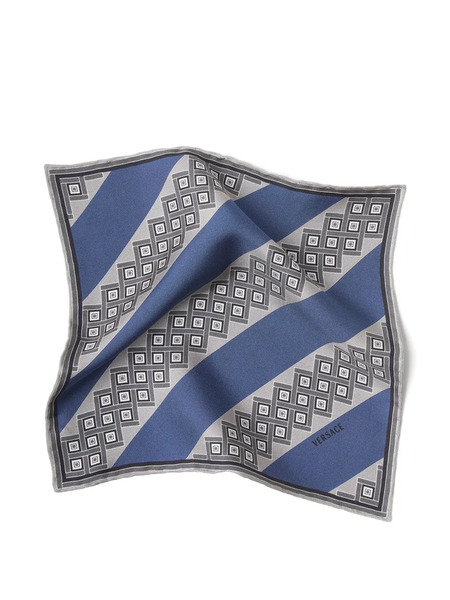  Versace Printed Silk Twill Pocket Square - Blue 