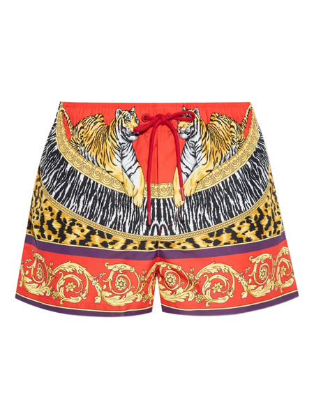  Versace Tiger-print Drawstring Swim Shorts - Red 