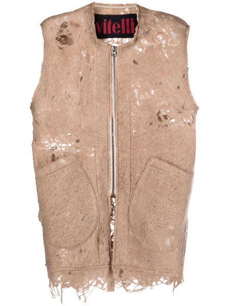  Vitelli Distressed-effect Zip-up Vest - Neutrals 