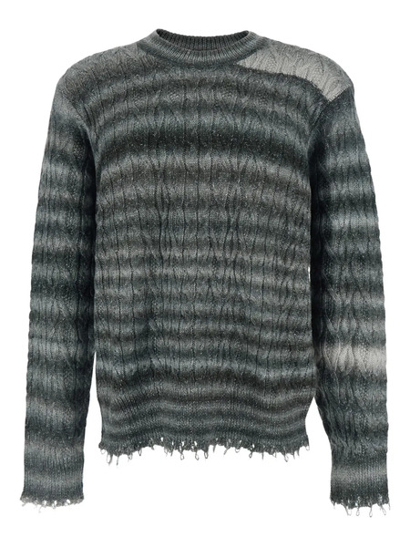  Won Hundred Fringed Striped Crew-neck Sweater - Grey 