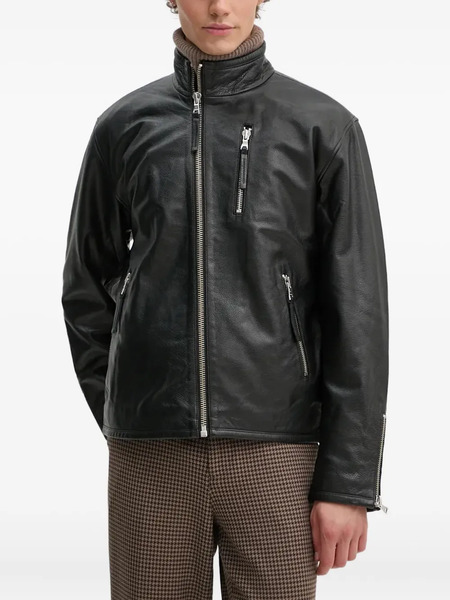  Won Hundred Zip-fastening Pockets Leather Jacket - Black 