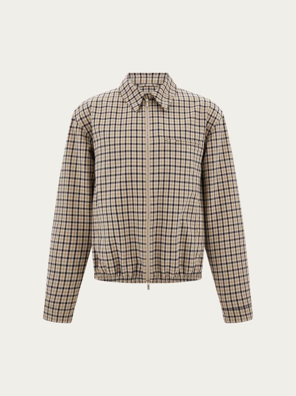  Ferragamo Men Check Bomber Jacket Blue 