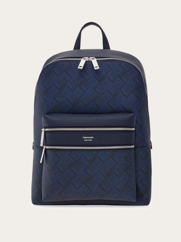  Ferragamo Men Embossed Gancini Backpack Blue 