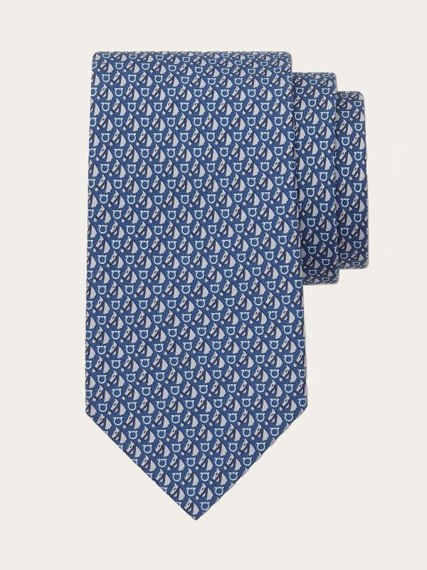  Ferragamo Men Equestrian Print Silk Tie Blue 