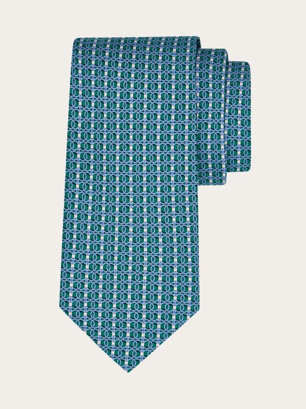  Ferragamo Men Gancini Chain Print Silk Tie Green 