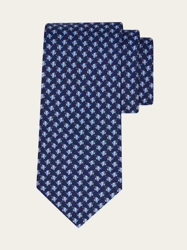  Ferragamo Men Mini Fish Print Silk Tie Blue 