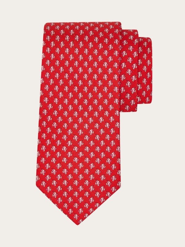  Ferragamo Men Mini Fish Print Silk Tie Red 