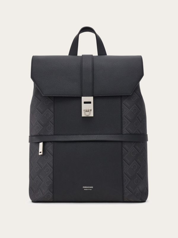  Ferragamo Men Ferragamo Monogram Backpack With Hug Buckle Black 