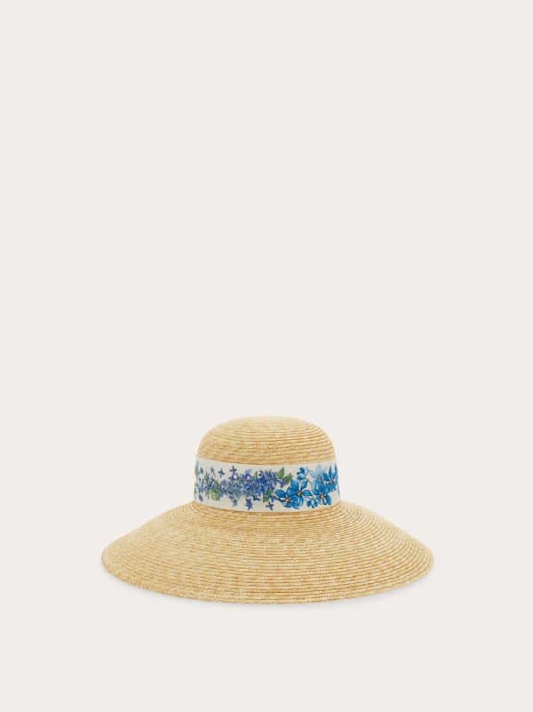  Ferragamo Women Spring Print Straw Hat Blue 