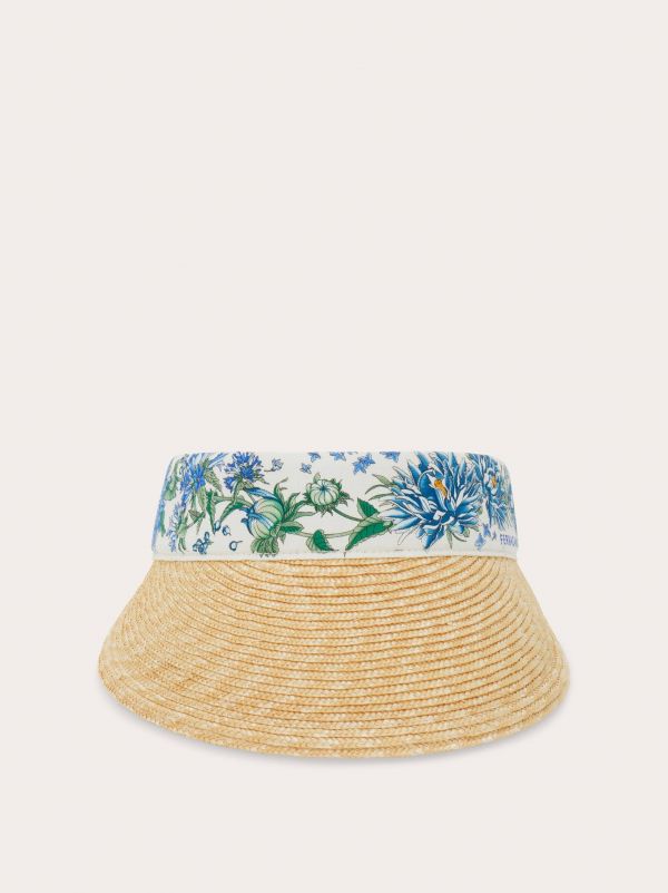  Ferragamo Women Spring Print Straw Visor Blue 