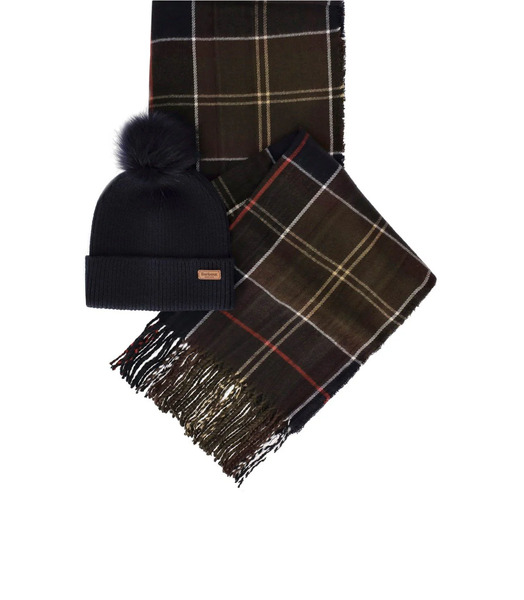  Barbour Dover/hailes Tartan Blue Beanie+scarf Set 