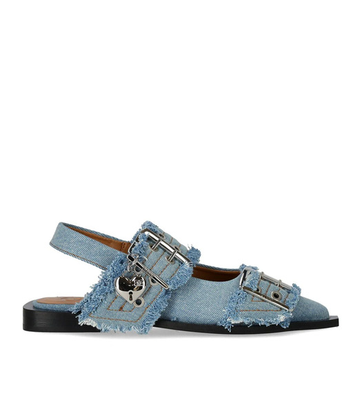  Ganni Faded Denim Slingback Ballet Flat Shoe With Buckles 