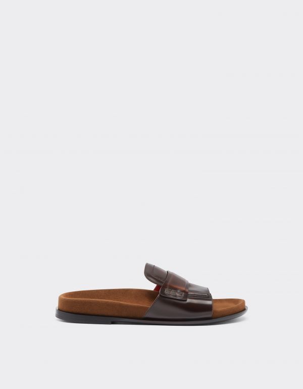  Ferrari Slide Loafers In Brushed Leather - Male Slippers & Sandals Brown 44 