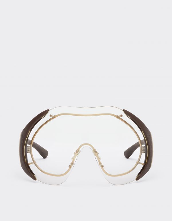  Ferrari Sunglasses In Gold-tone Metal And Brown Leather With Transparent Shield -  Ferrari Collection Beige Os 