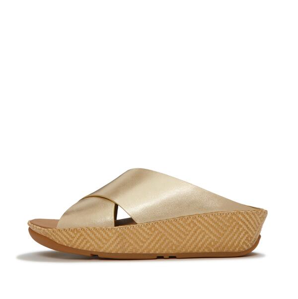  Lulu Lux Graphic Weave Metallic Leather Cross Slides 