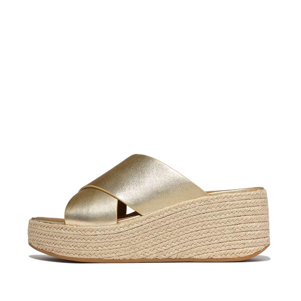  Platfforms Espadrille Metallic Leather Wedge Cross Slides 