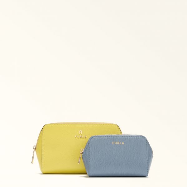  Furla Camelia Cosmetic Case M Museum Yellow Multicolour Textured Leather Woman 