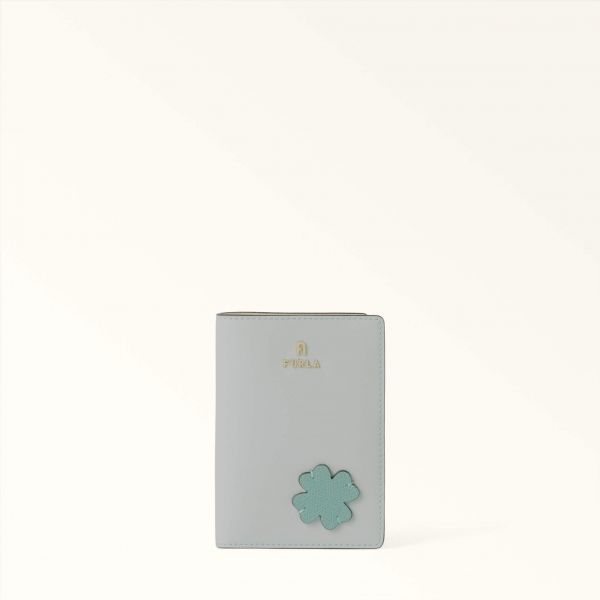  Furla Camelia Passport Holder S Toni Nebbia Gray Blue Sidney Calf Leather + Patch Four Leaft-clover Woman 