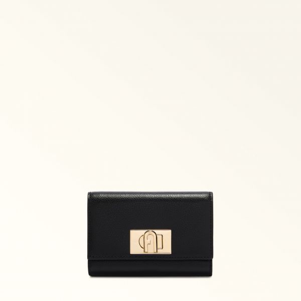  Furla 1927 Compact Wallet Nero Black Textured Leather Woman 