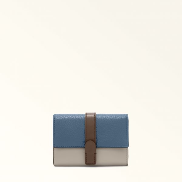 Furla Grazia Compact Wallet M Grigio Blu Roma Soft Calf Leather Colorblock + Grained Calf Leather Woman 