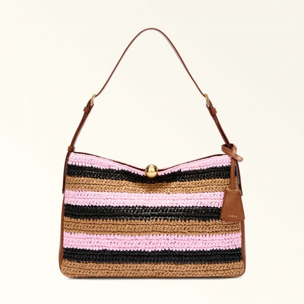  Furla Sfera Soft Shoulder Bag L Toni Cognac Brown Crochet Stripes Fabric + Sidney Calf Leather Woman 