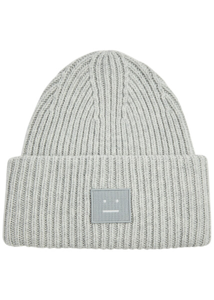  Acne Studios Logo Ribbed Wool Beanie - Light Grey - One Size 