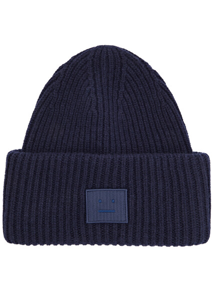  Acne Studios Pansy Logo Ribbed Wool Beanie - Navy 