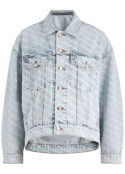  Alexanderwang.t Logo-print Bleached Denim Jacket - Light Blue - L (uk14 / L) 