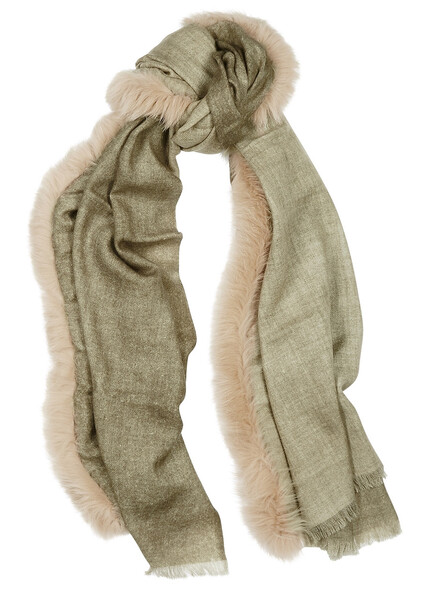  Ama Pure Fur-trimmed Wool Scarf - Olive 