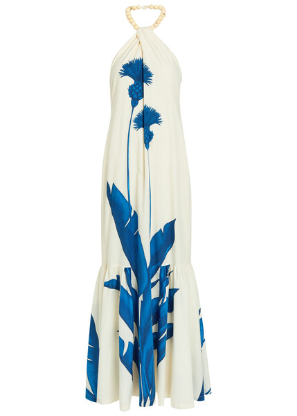  Andres Otalora Vivar Contigo Floral-print Halterneck Cotton Midi Dress - White And Blue - 4 (uk8 / S) 
