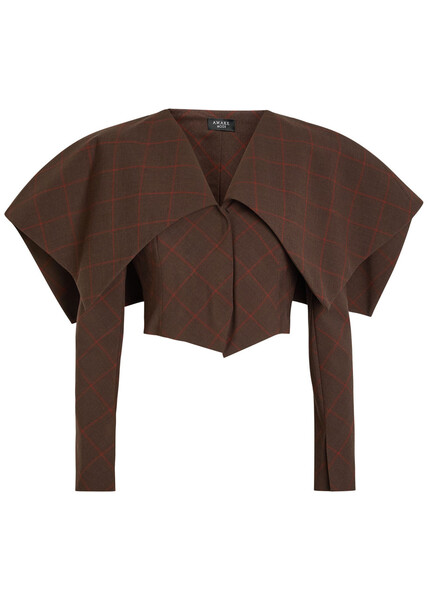 A.w.a.k.e Mode Oversized-collar Checked Cropped Jacket - Brown - 42 (uk14 / L) 