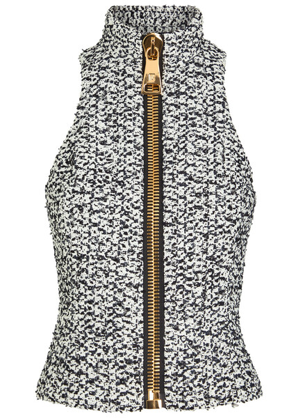  Balmain Zip-through Tweed Top - Black - 40 (uk12 / M) 