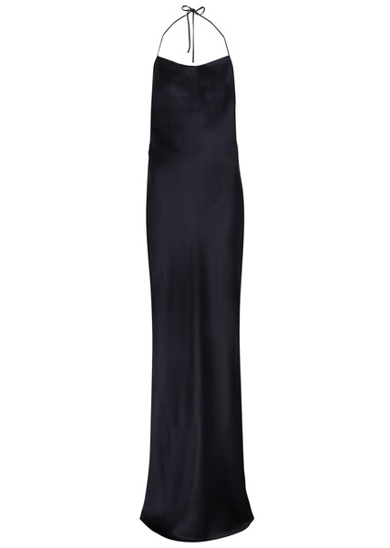  Bevza Navy Halterneck Satin Maxi Dress - M 