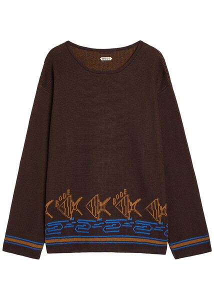  Bode Fish School Intarsia Cotton Jumper - Brown - L 