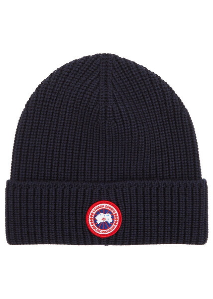  Canada Goose Navy Logo Ribbed Wool Beanie 