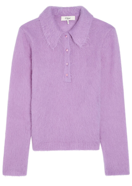  Chloe Brushed Knit Wool-blend Polo Top - Lilac - Xs (uk6 / Xs) 