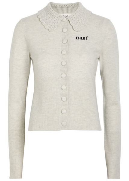  Chloe Logo Intarsia Wool Cardigan - Light Grey - M (uk12 / M) 