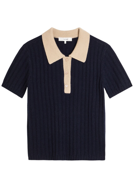  Frame Ribbed Cashmere Polo Top - Navy - M (uk12 / M) 