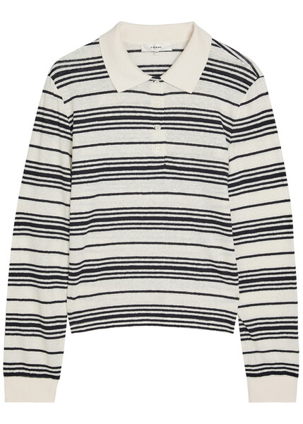 Frame Striped Linen-blend Polo Top - White - S (uk8-10 / S) 